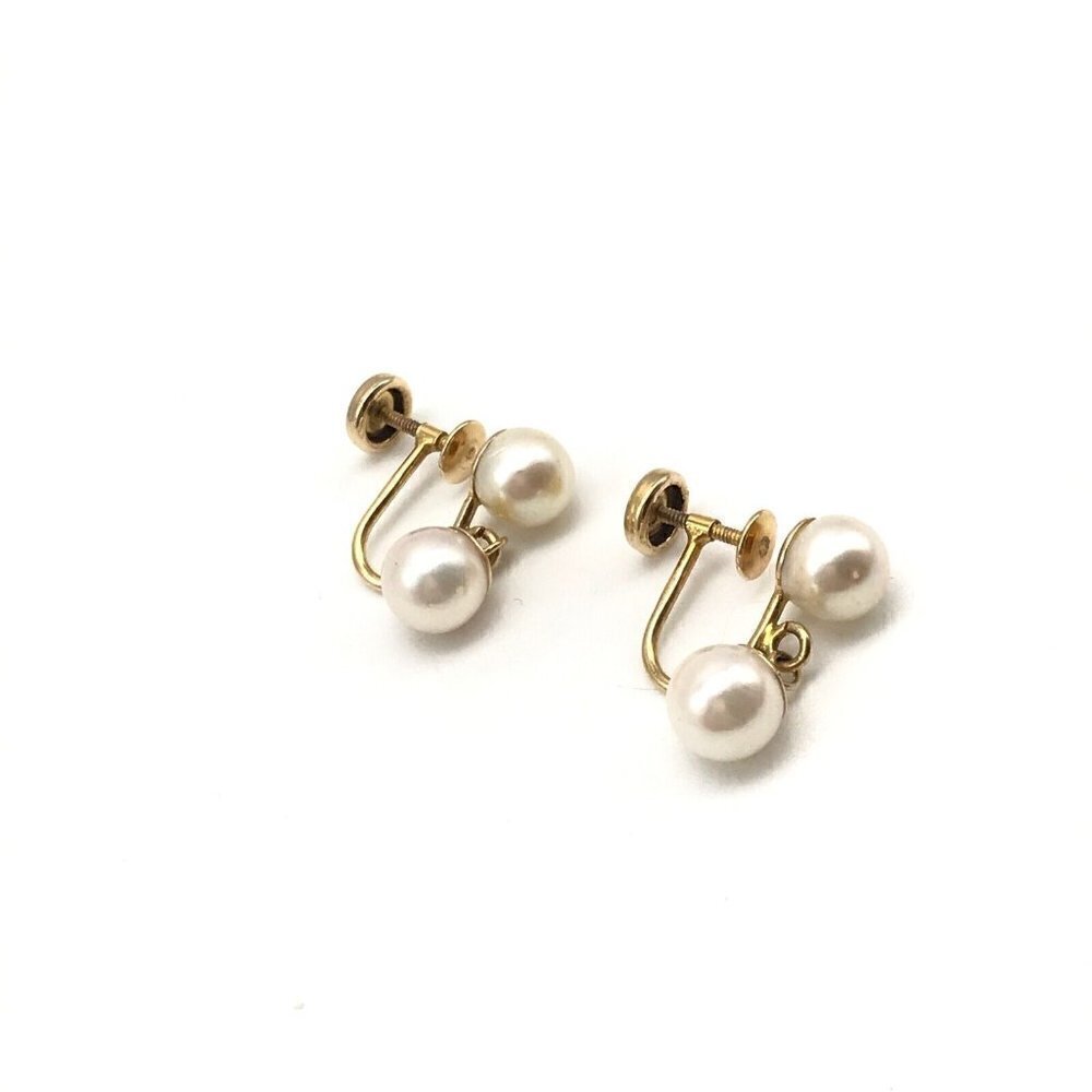 14k Yellow Gold Vintage Pearl Screw Back Dangle Drop Earrings